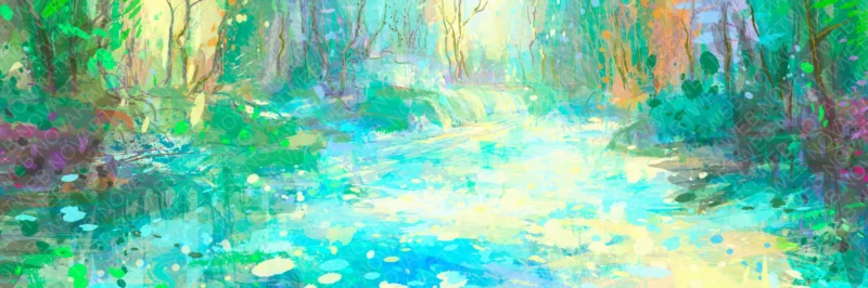 Picture Active Rest with serene riverbed, turquoise light and tall vegetation - art inspired by nature NOVARTWEB