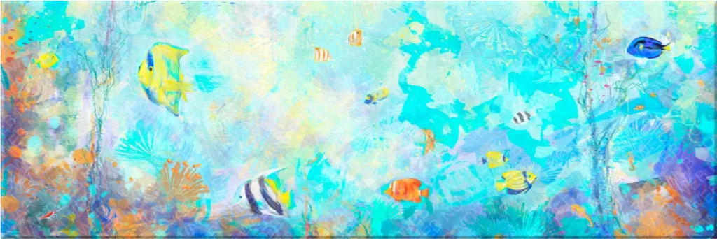 Cuadro abstracto marino con peces en tonos azules y turquesa, composición dinámica y luminosa que sugiere el movimiento del océano.