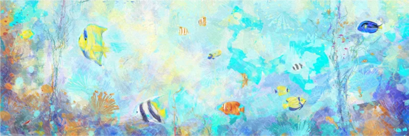 Peinture abstraite de l'océan avec des poissons et des formes dans des tons bleus et turquoise, composition fluide et lumineuse inspirée par la vie marine.