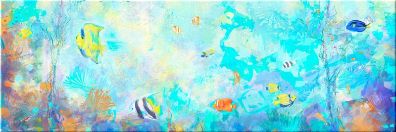 Pintura abstracta del océano con peces y formas en tonos azules y turquesa, composición fluida y luminosa inspirada en la vida marina.
