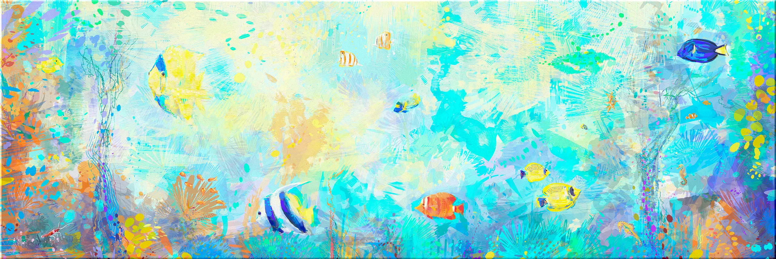 Pintura abstracta del océano con peces y formas en tonos azules y turquesa, composición fluida y luminosa inspirada en la vida marina.